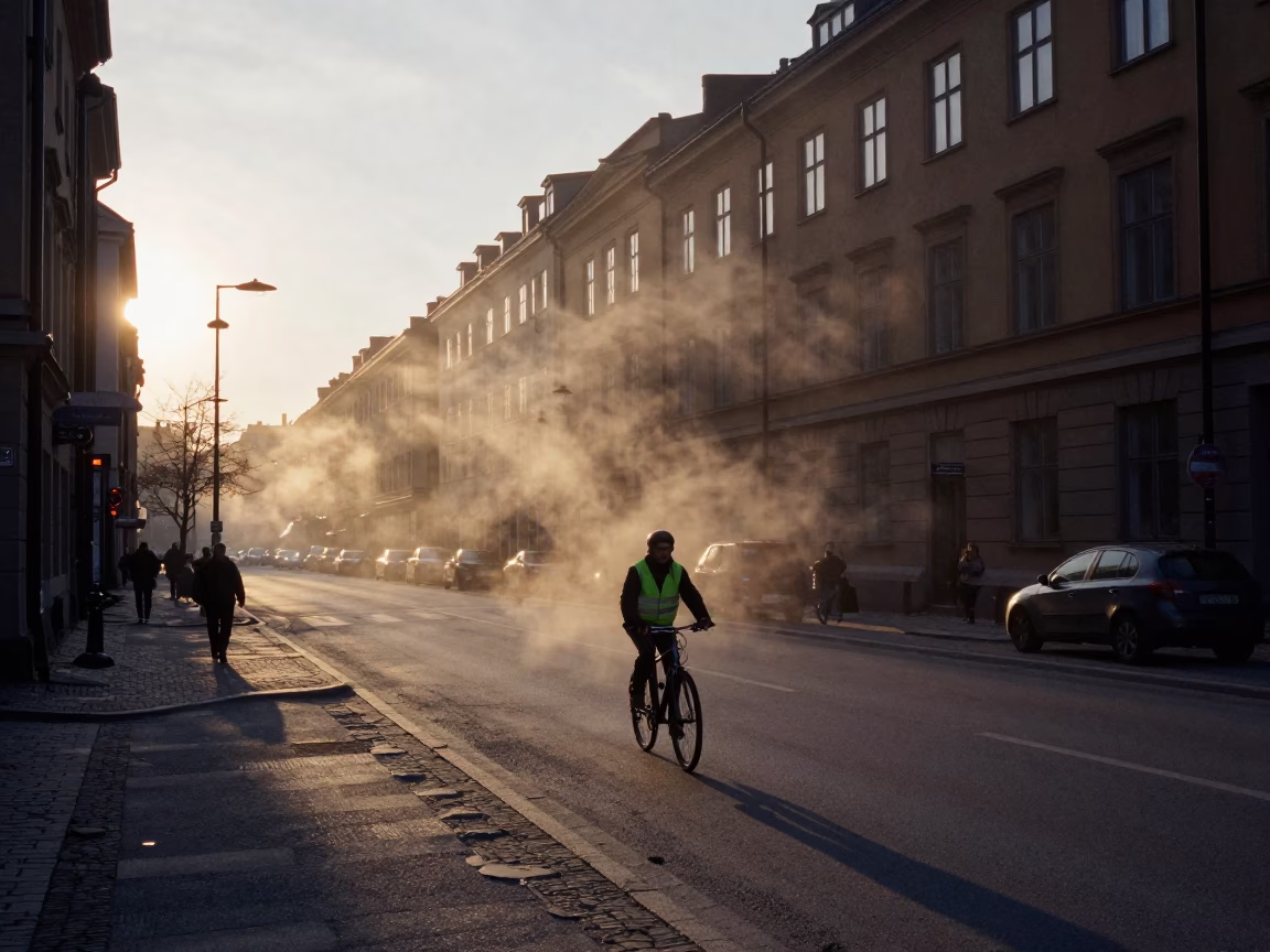 Early Morning Stockholm Street Scene with Steam Haze and Vintage Bicycle in in Stockholm, Sweden