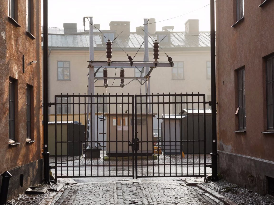 Early Morning Stockholm Street Scene with Substation Insulators Sparkling Under Floodlights in in Stockholm, Sweden