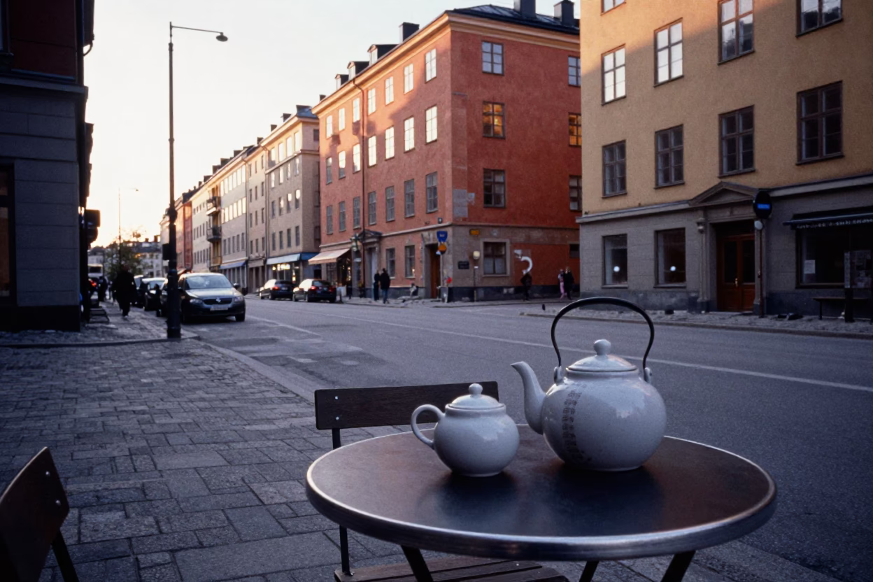 Early Morning Stockholm Street Scene with Teapot and Measuring Cups on Table in in Stockholm, Sweden