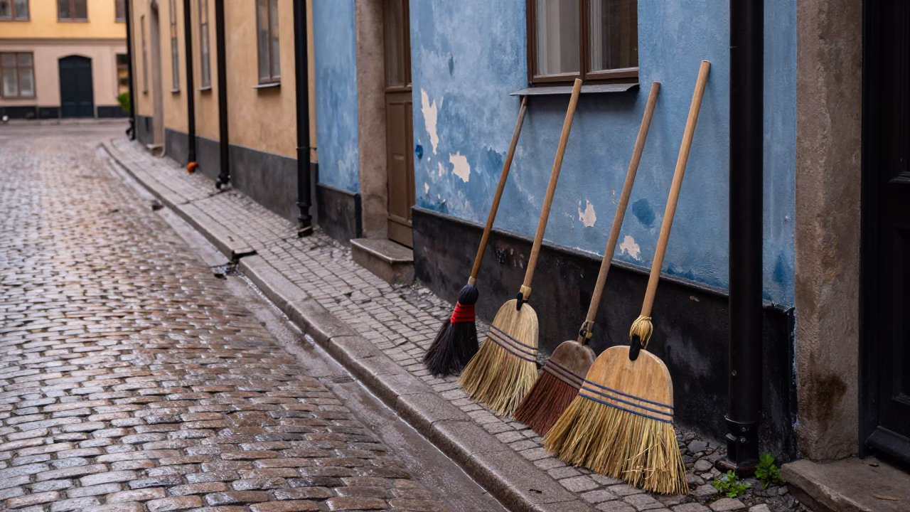 Early Morning Stockholm Street Scene with Vintage Brooms and Urban Details in in Stockholm, Sweden