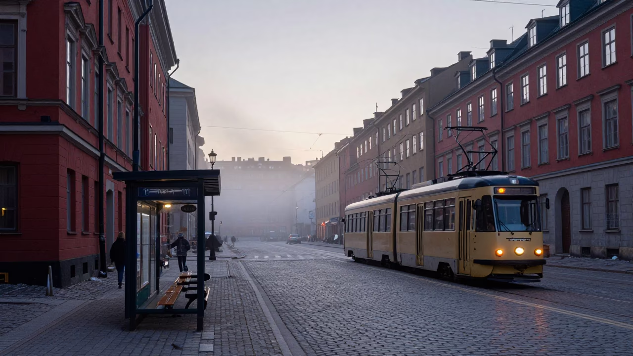 Early Morning Stockholm Street Scene with Vintage Tram and Cobblestones Before Dawn in in Stockholm, Sweden