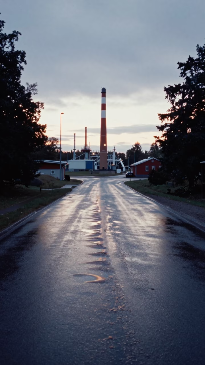 Early Morning Stockholm Substation Access Road with Oil Sheen Puddle and Rain Reflections in in Stockholm, Sweden