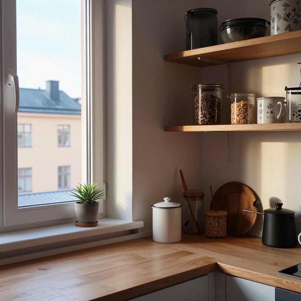 Early Morning Stockholm Sweden Kitchen Scene with Canister Set and Kitchen Shelves in in Stockholm, Sweden