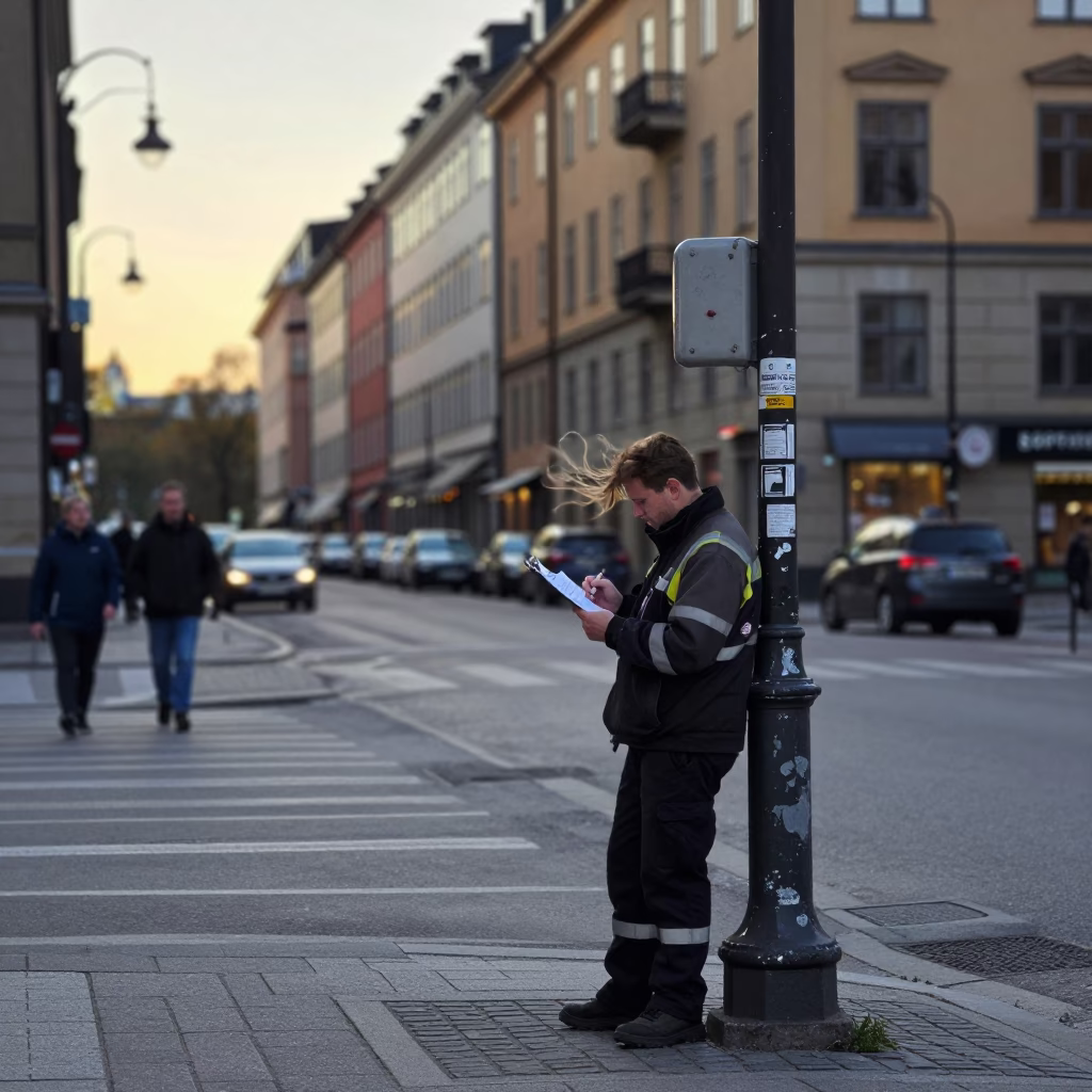 Early Morning Stockholm Sweden Street Scene with Clipboard and Urban Life in in Stockholm, Sweden