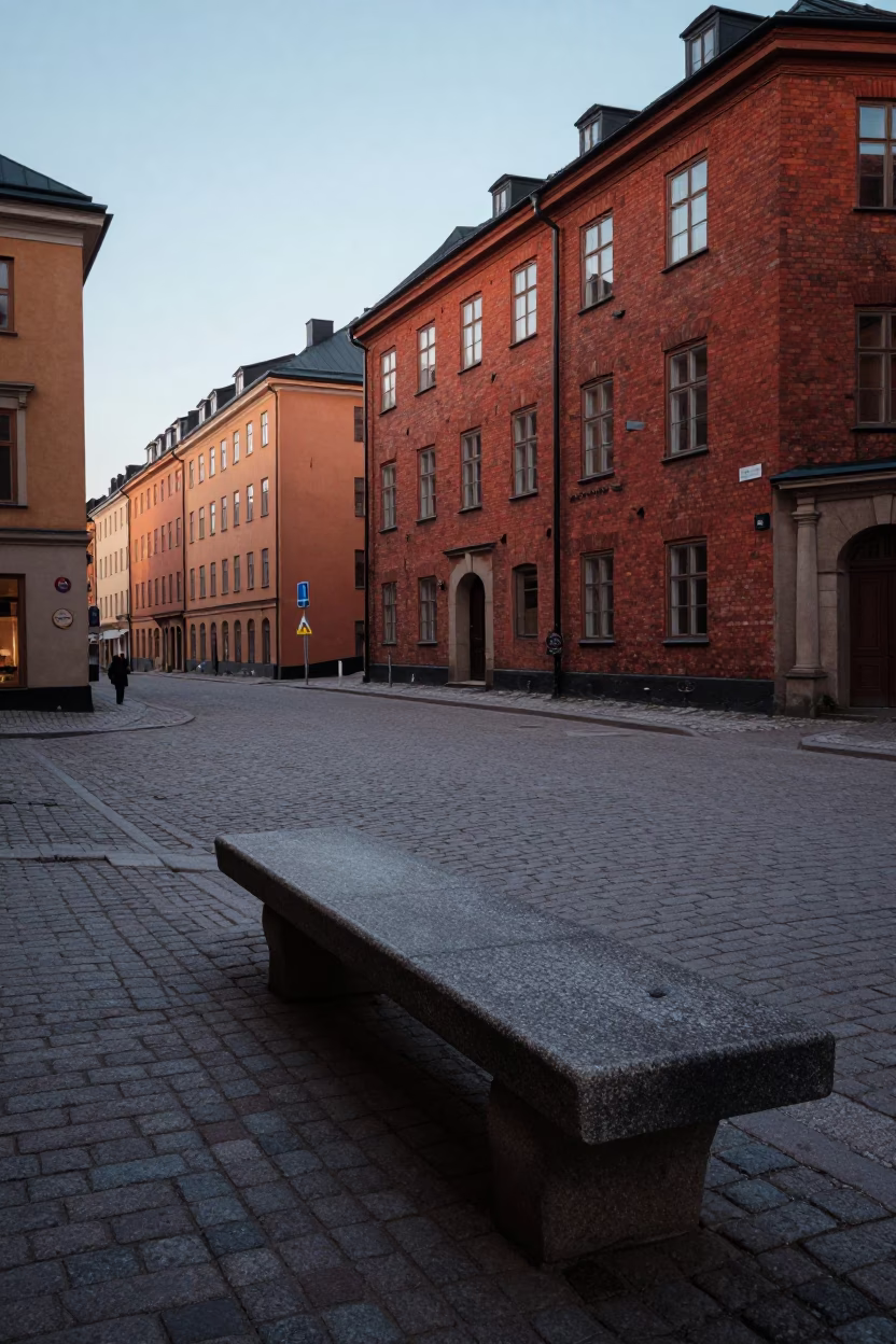 Early Morning Stockholm Sweden Street Scene with Stone Bench and Thermometer in in Stockholm, Sweden