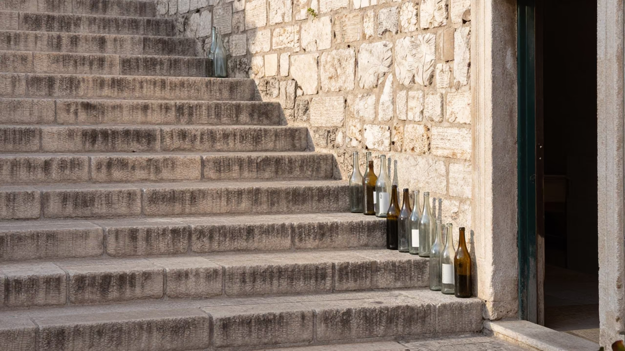 Early Morning Stone Steps and Glass Bottles in Dubrovnik Croatia in in Dubrovnik, Croatia