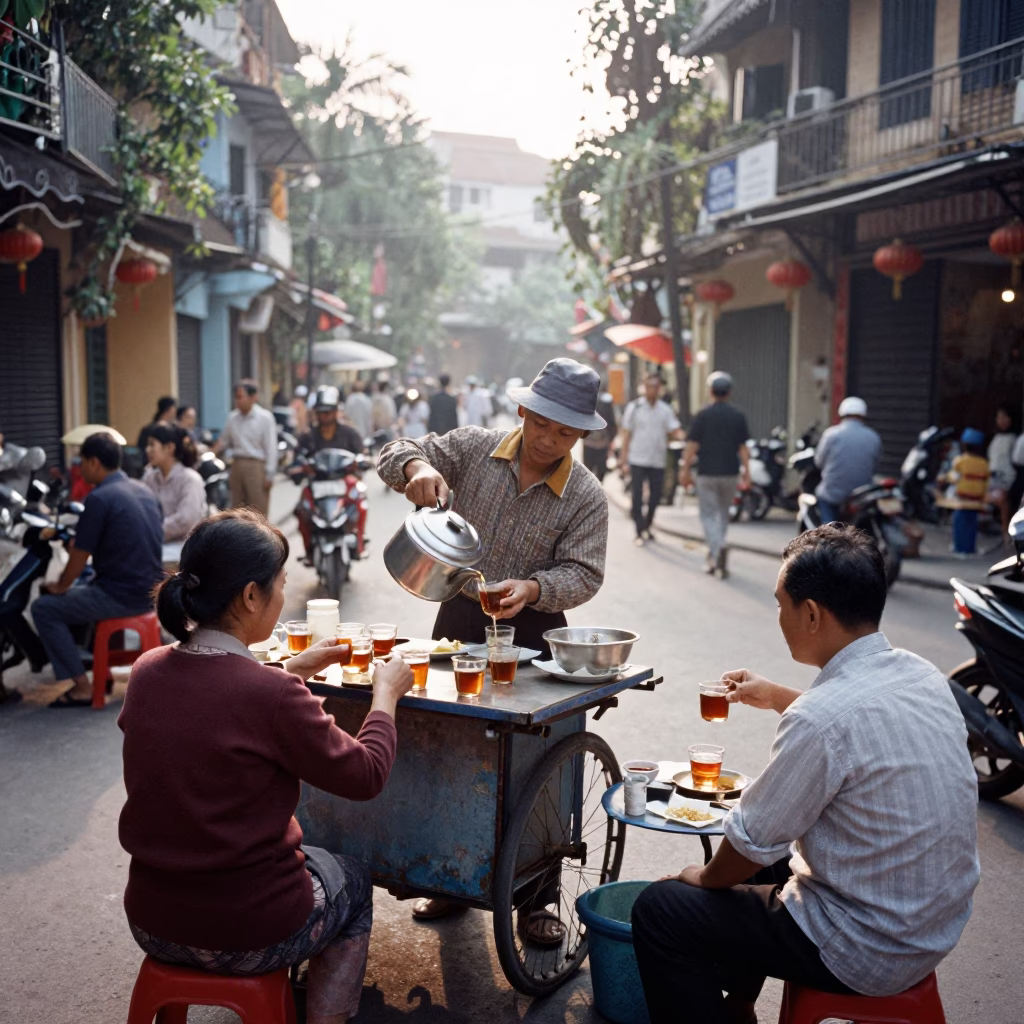 Early Morning Street Breakfast in Hanoi Vietnam with Tea and Local Life in in Hanoi, Vietnam