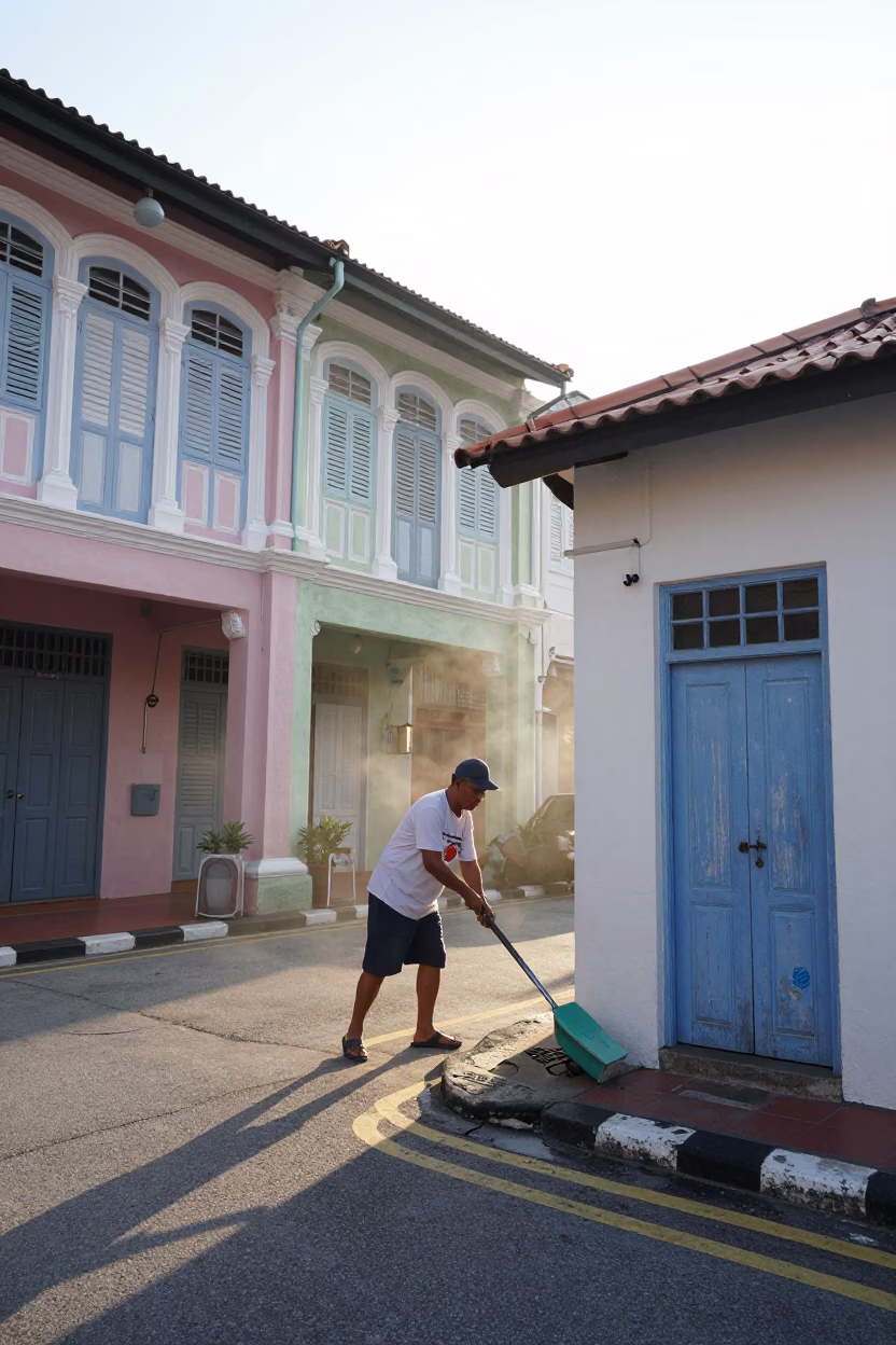 Early Morning Street Cleaning in George Town Malaysia Shophouses in in George Town, Malaysia