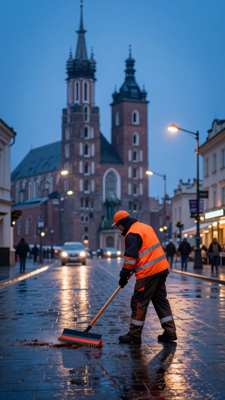 Early Morning Street Cleaning in Krakow Poland Before Dawn in in Krakow, Poland