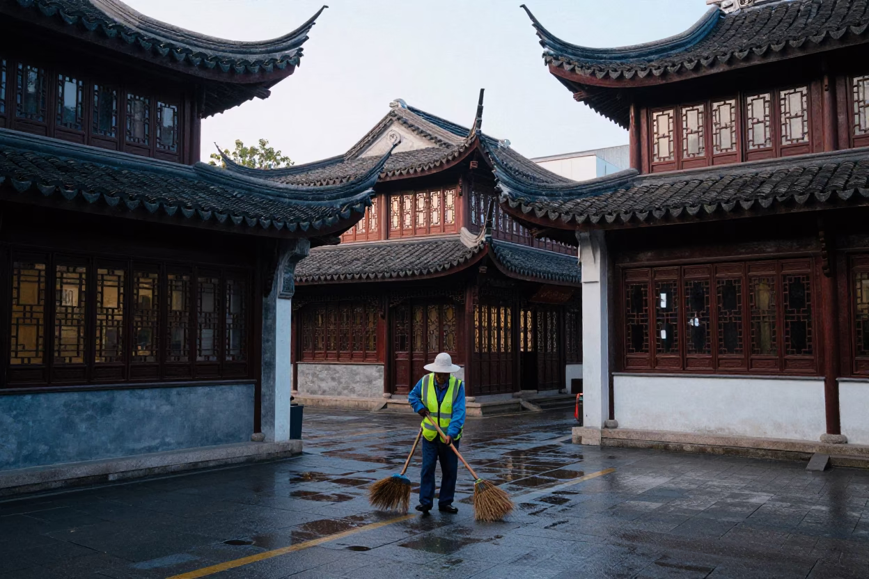 Early morning street cleaning in Shanghai China with broom and traditional architecture in in Shanghai, China