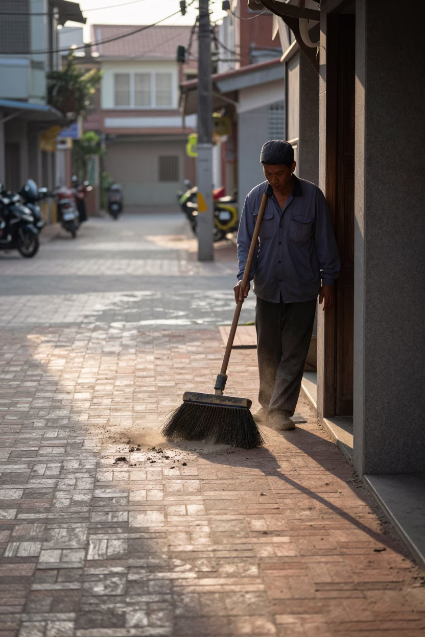 Early Morning Street Cleaning in Tainan Taiwan With Broom And Clay Teapot in in Tainan, Taiwan