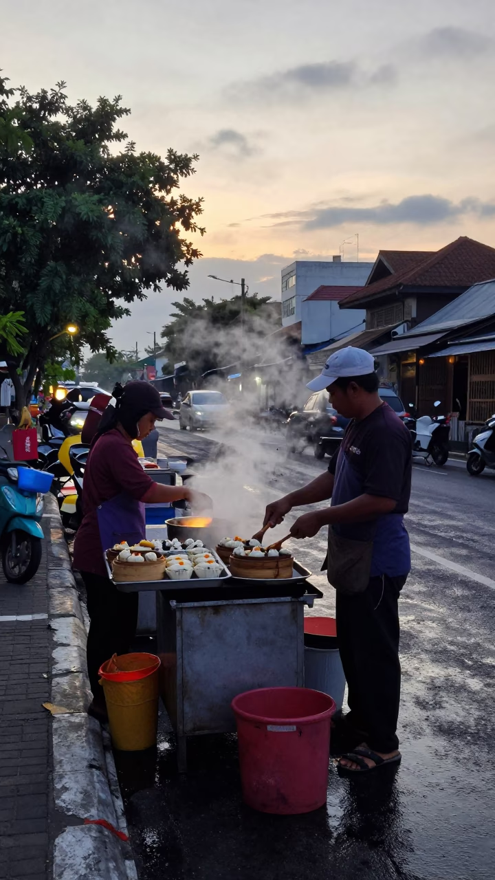 Early Morning Street Food Preparation in Denpasar Indonesia with Steam and Steel in in Denpasar, Indonesia