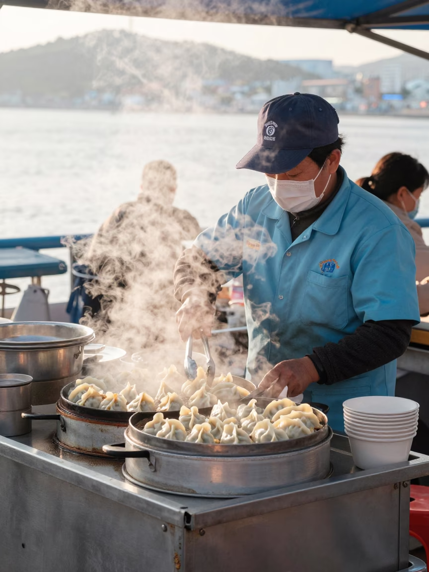 Early Morning Street Food Scene in Busan South Korea with Steaming Dumplings in in Busan, South Korea