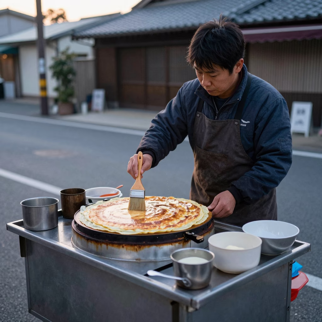 Early Morning Street Food Scene in Fukuoka Japan with Jjianbing Crepe in in Fukuoka, Japan