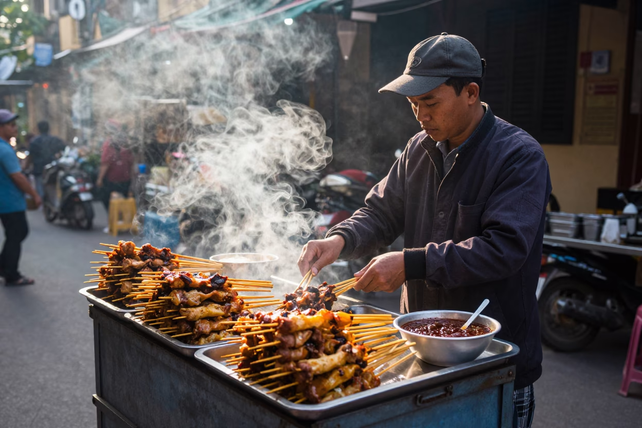 Early Morning Street Food Scene in Hanoi Vietnam with Satay and Peanut Sauce in in Hanoi, Vietnam