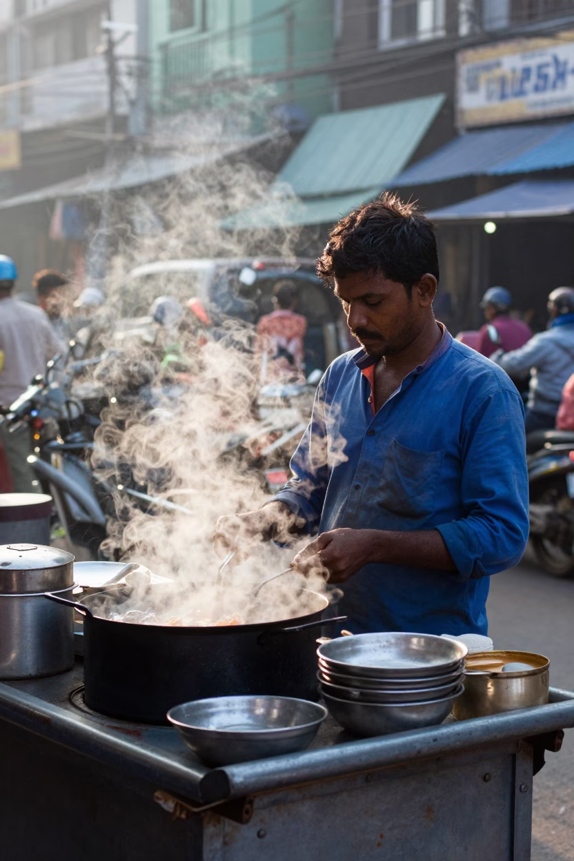 Early Morning Street Food Scene in Kolkata India with Steaming Plate and Local Vendor in in Kolkata, India