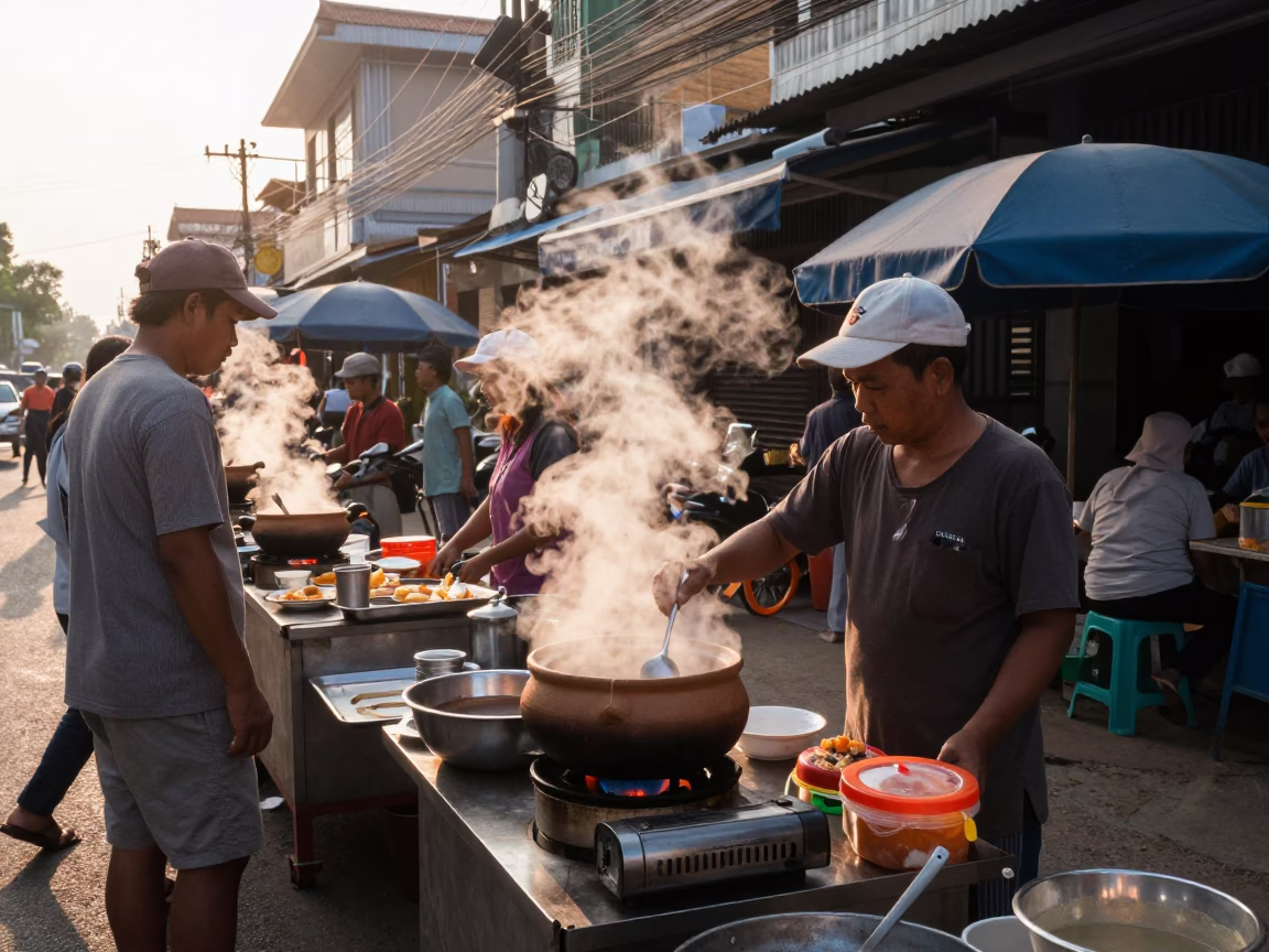 Early Morning Street Food Scene in Phnom Penh Cambodia with Steam Rising in in Phnom Penh, Cambodia