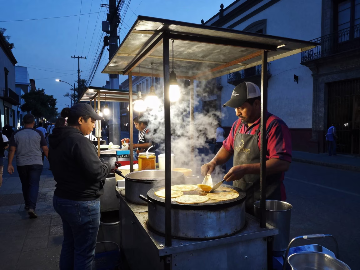 Early Morning Street Food Stall Activity in Mexico City Before Sunrise in in Mexico City, Mexico