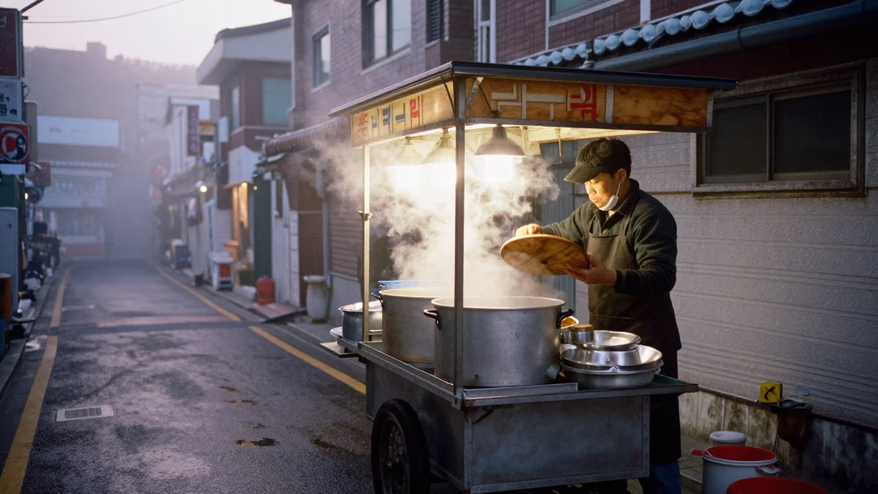 Early Morning Street Food Stall in Busan South Korea Dawn Mist in in Busan, South Korea