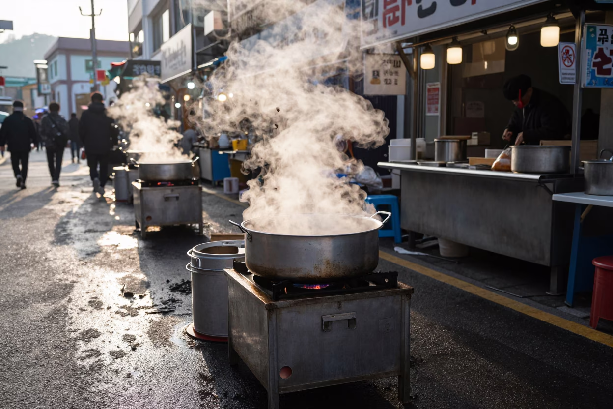 Early Morning Street Food Stall in Busan South Korea with Steam and Local Vendors in in Busan, South Korea