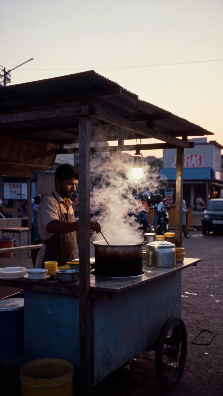 Early Morning Street Food Stall in Chennai India with Wooden Pergola and Morning Light in in Chennai, India
