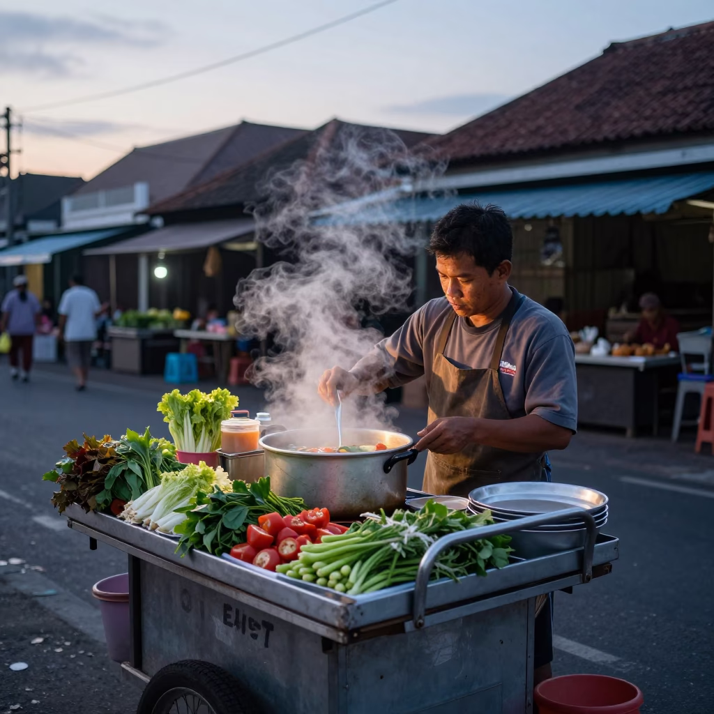 Early Morning Street Food Stall in Denpasar Indonesia Before Sunrise in in Denpasar, Indonesia