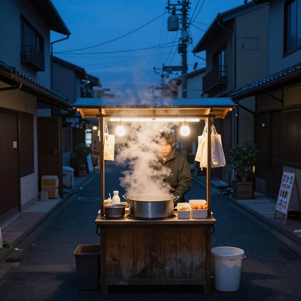 Early Morning Street Food Stall in Fukuoka Japan with Steam and Glass Bottles in in Fukuoka, Japan