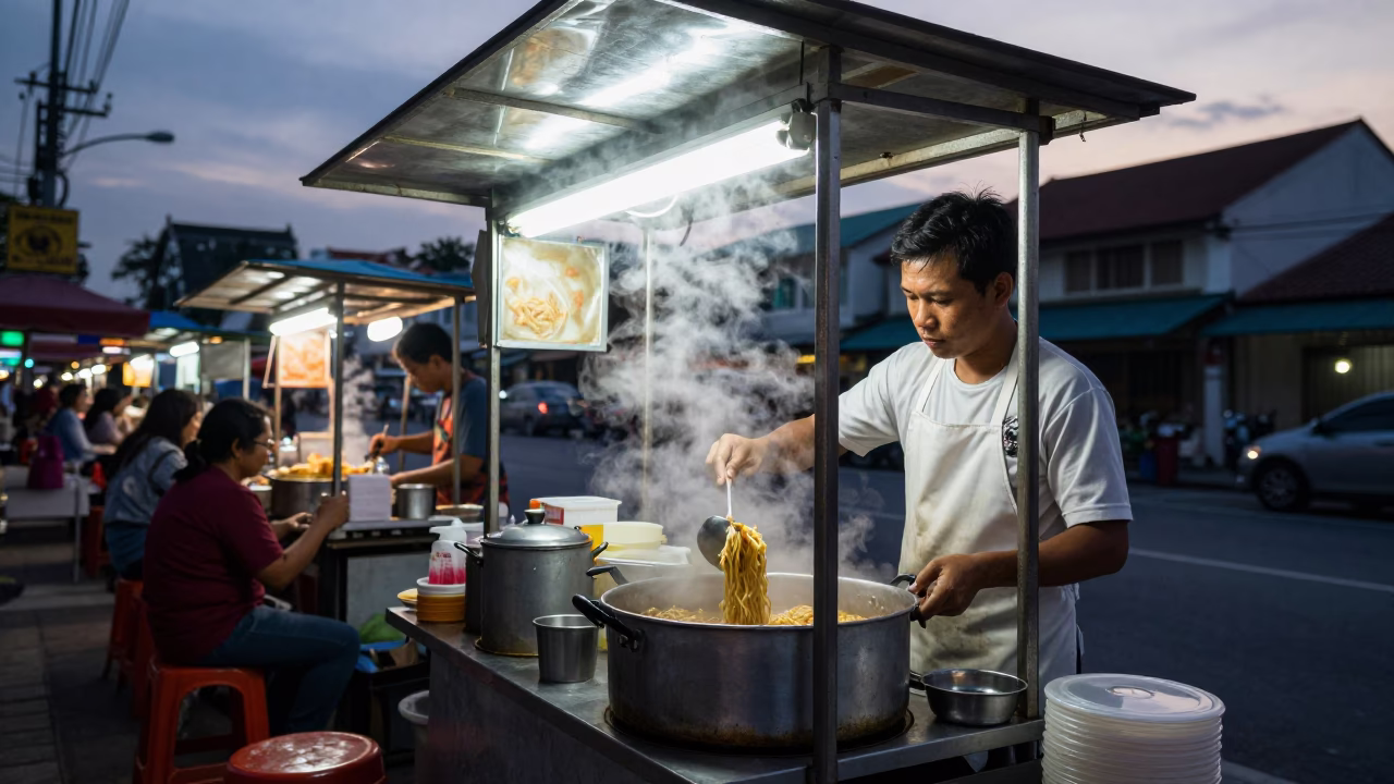 Early Morning Street Food Stall in George Town Penang Malaysia with Local Breakfast Scene in in George Town, Malaysia
