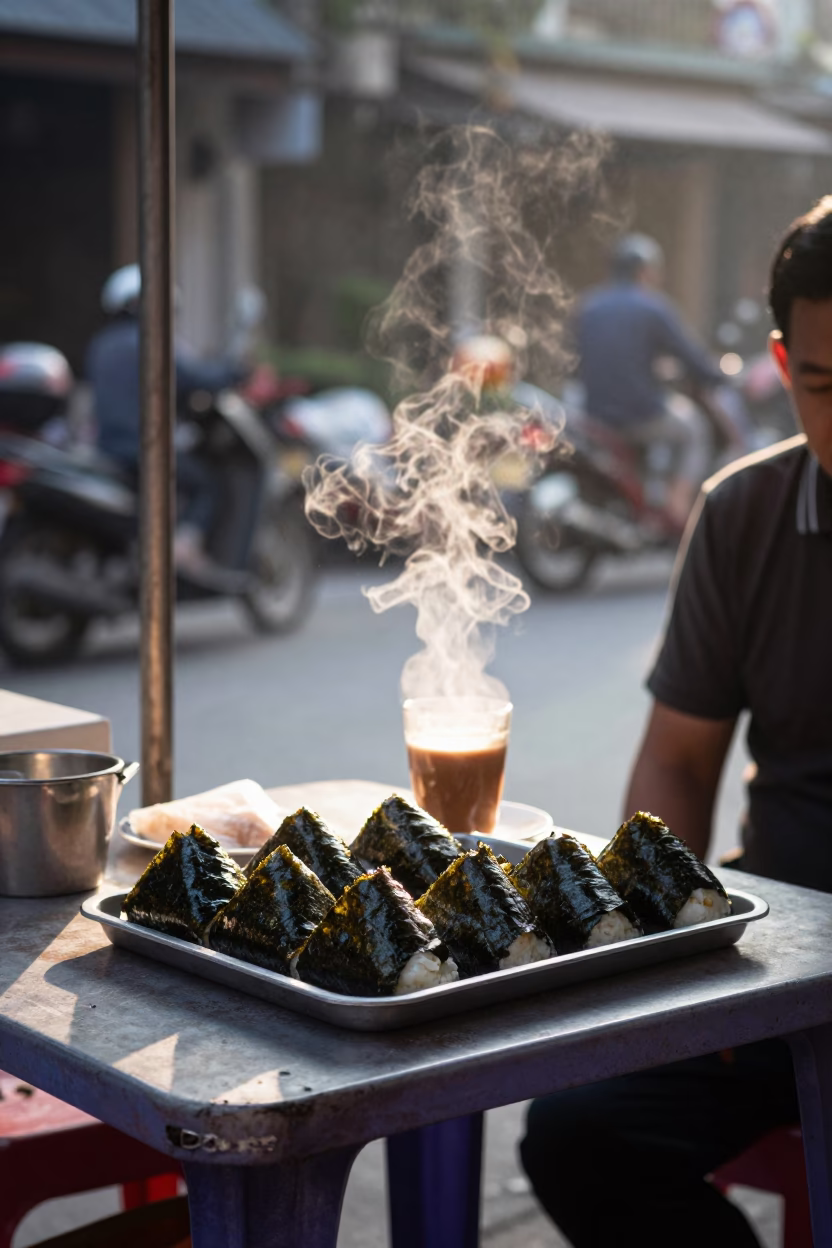 Early morning street food stall in Hanoi Vietnam with steaming coffee and local breakfast in in Hanoi, Vietnam