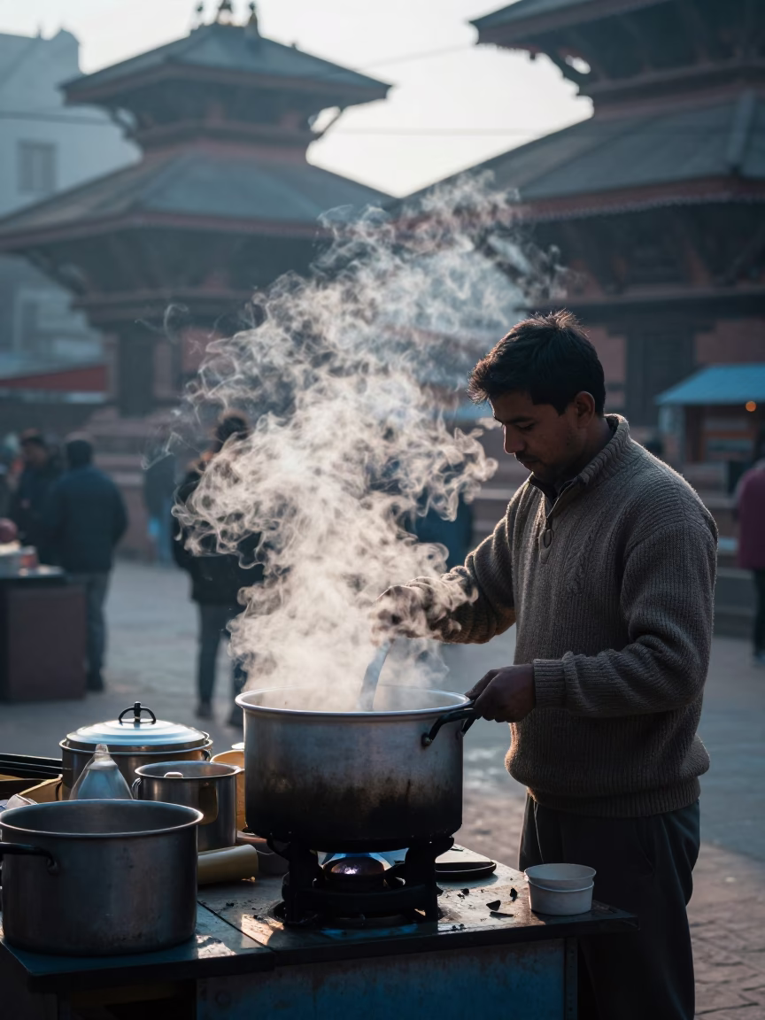 Early Morning Street Food Stall in Kathmandu Nepal with Steam and Local Vendor in in Kathmandu, Nepal