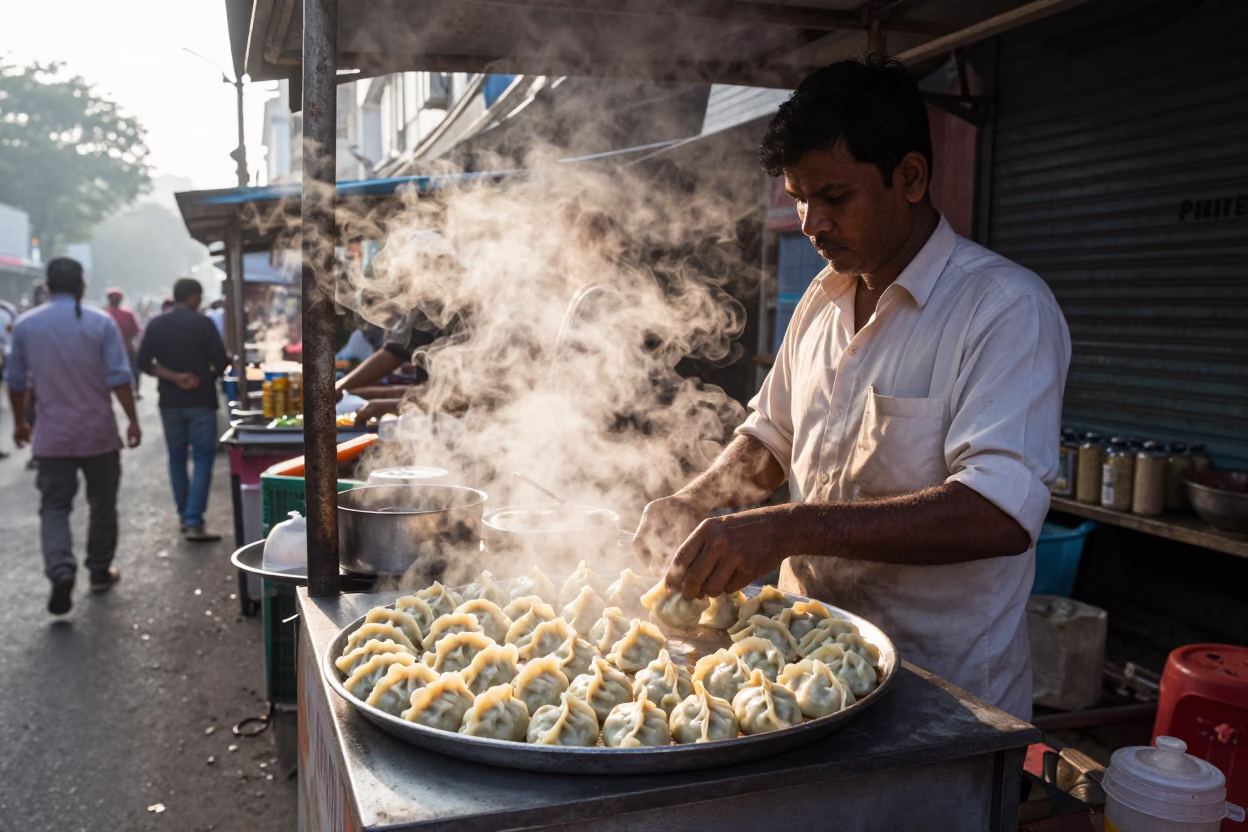 Early Morning Street Food Stall in Kolkata India Serving Momos with Chutney in in Kolkata, India