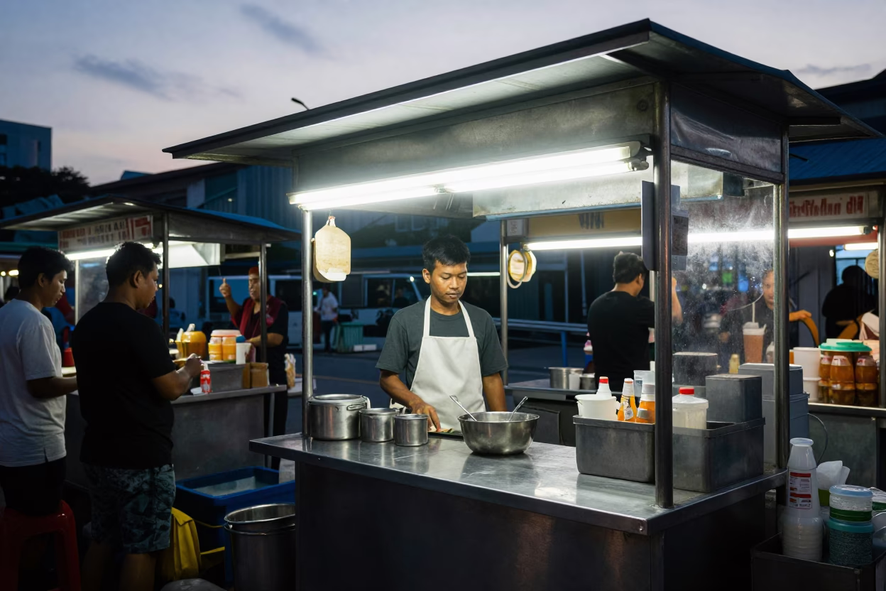 Early Morning Street Food Stall in Kuala Lumpur Malaysia Before Sunrise in in Kuala Lumpur, Malaysia