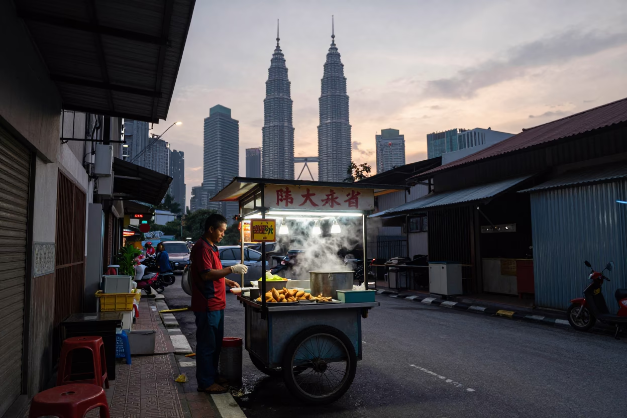 Early Morning Street Food Stall in Kuala Lumpur Malaysia with Samosas and Tea Stains in in Kuala Lumpur, Malaysia
