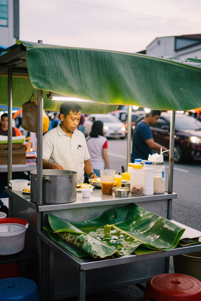 Early Morning Street Food Stall in Kuala Lumpur with Banana Leaf and Motorbike in in Kuala Lumpur, Malaysia
