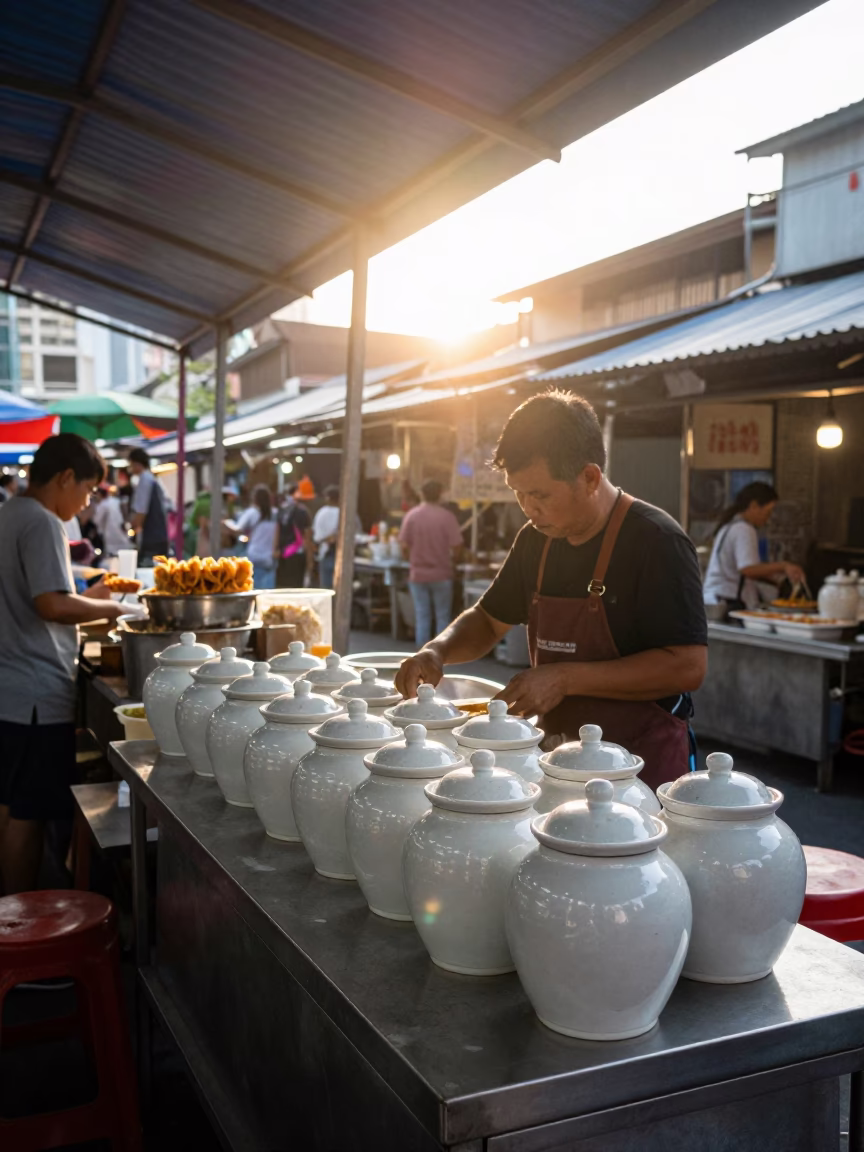 Early Morning Street Food Stall in Kuala Lumpur with Porcelain Jars and Steam in in Kuala Lumpur, Malaysia