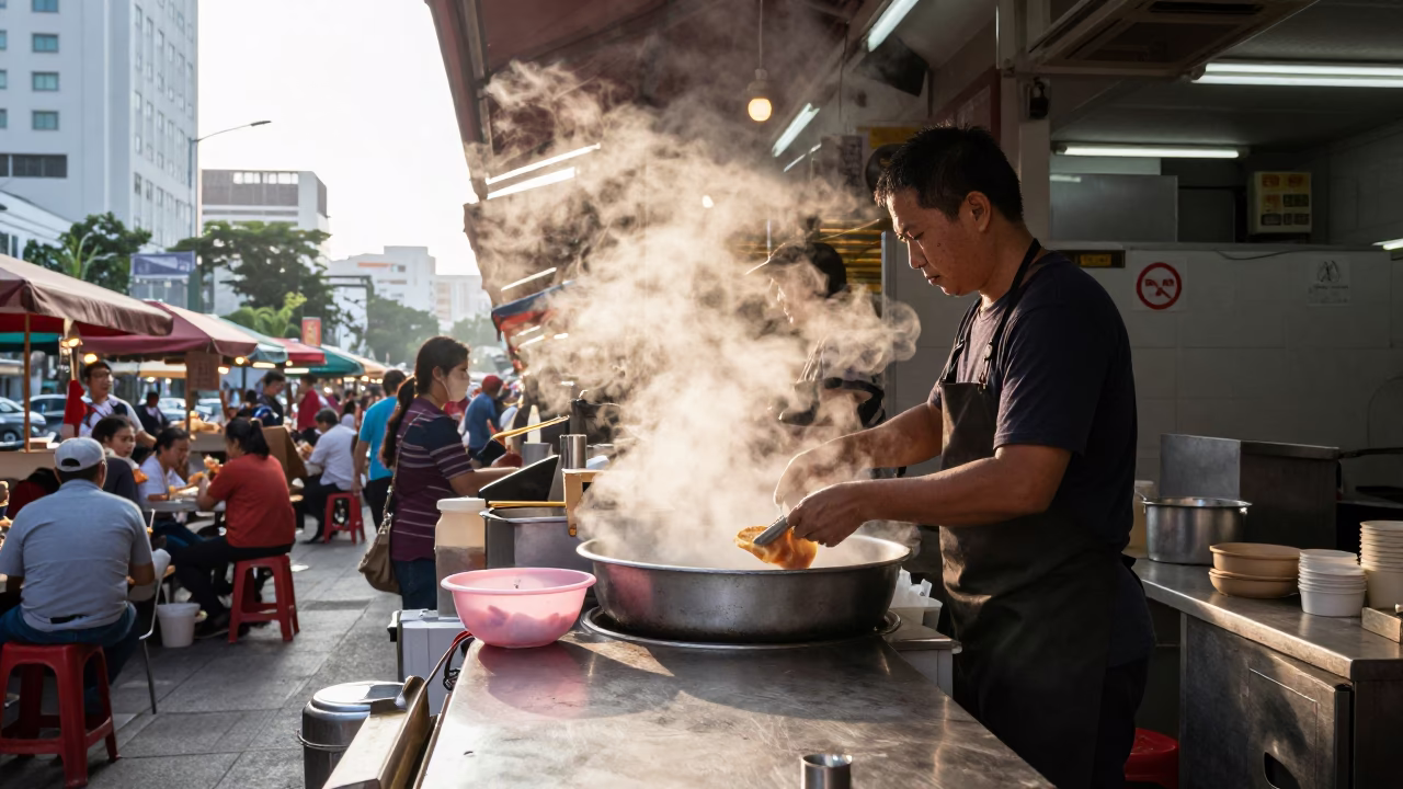 Early Morning Street Food Stall in Singapore with Steam and Dragon Fruit in in Singapore, Singapore