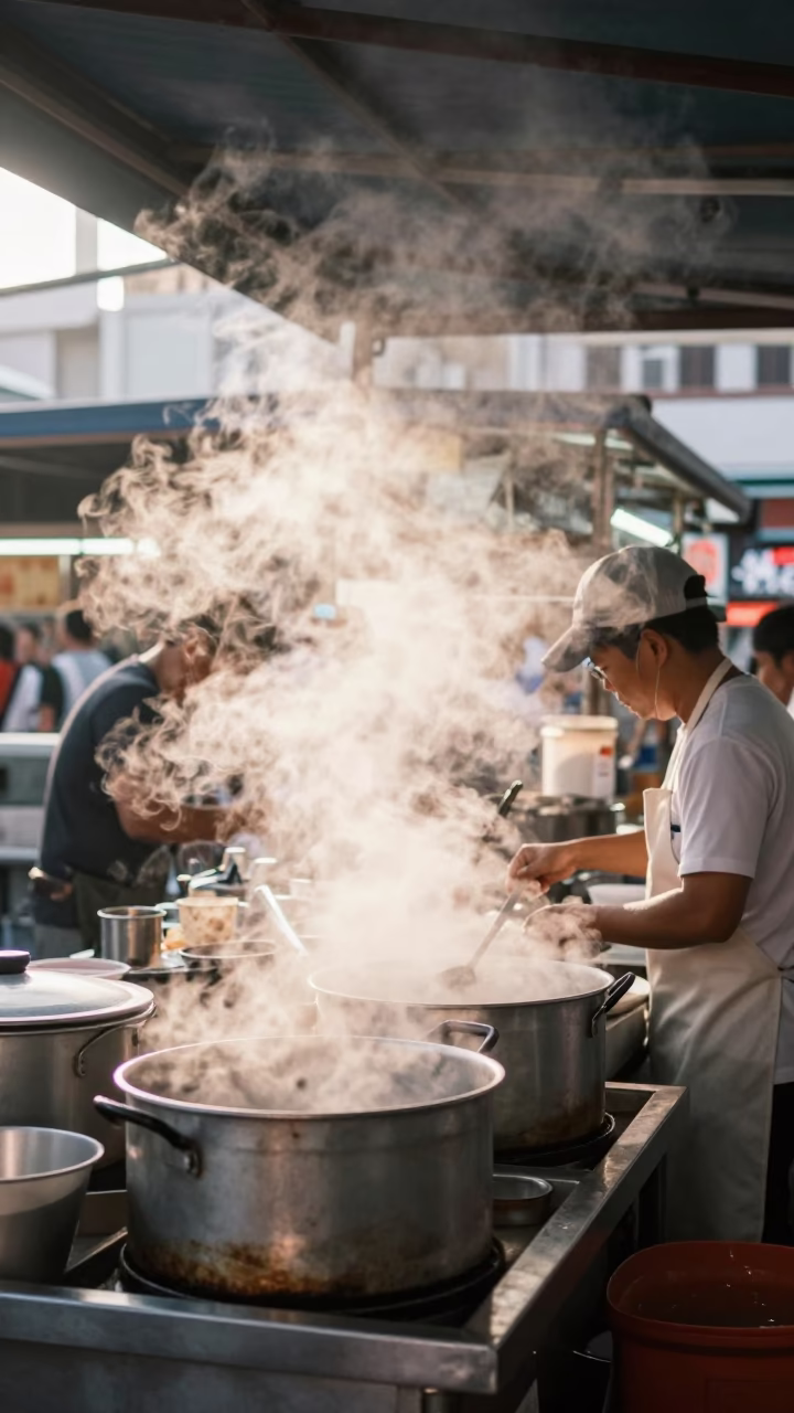 Early Morning Street Food Stall in Singapore with Steam and Local Diners in in Singapore, Singapore