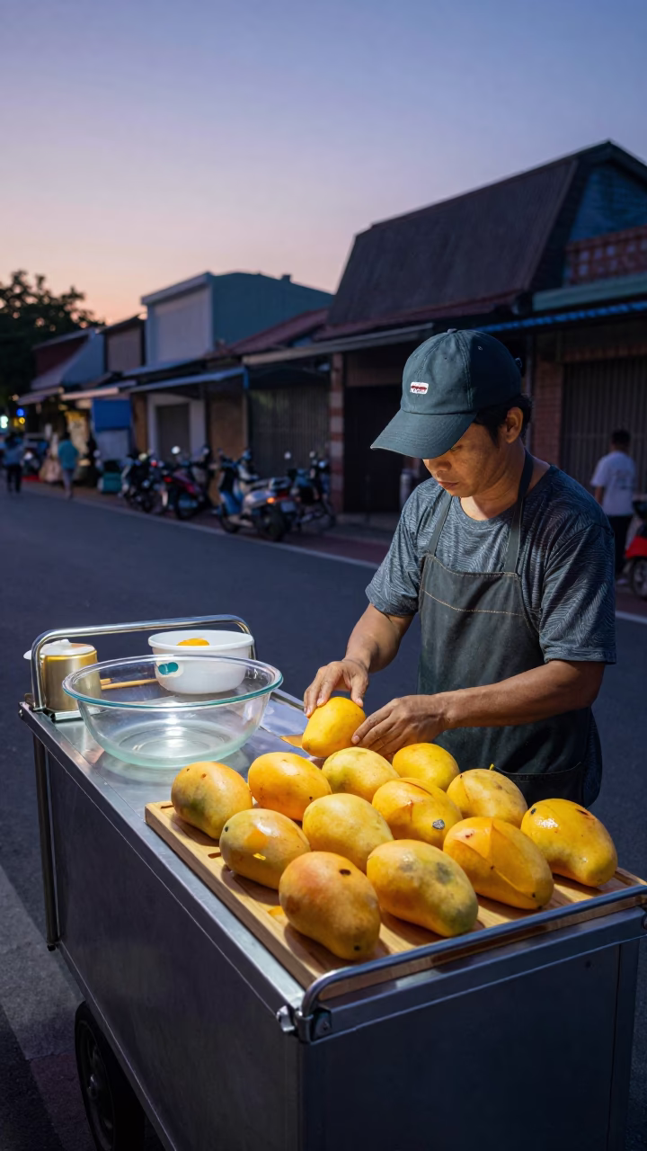 Early Morning Street Food Stall in Tainan Taiwan with Mango and Glass in in Tainan, Taiwan