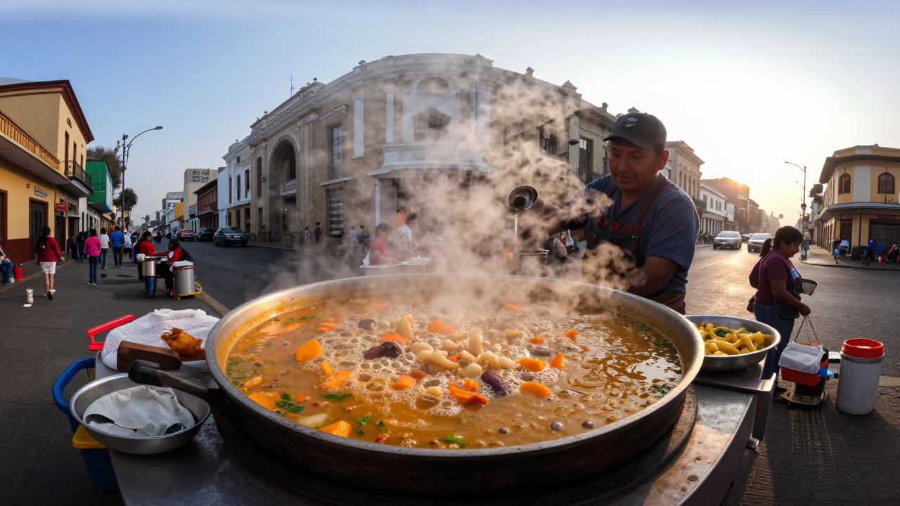 Early Morning Street Food Stall Serving Sancocho Stew with Yuca in Lima Peru in in Lima, Peru
