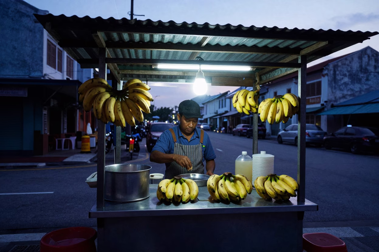 Early Morning Street Food Stall with Bananas in George Town Malaysia Before Sunrise in in George Town, Malaysia