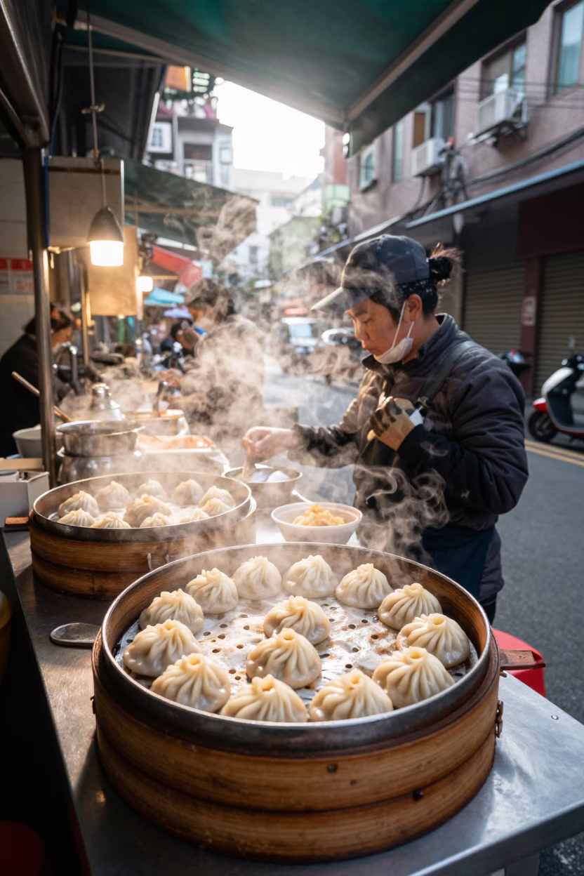 Early morning street food stall with xiaolongbao and tea in Taipei Taiwan in in Taipei, Taiwan