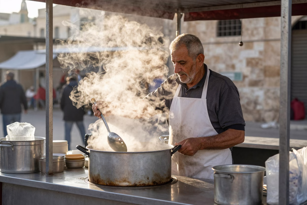 Early Morning Street Food Vendor in Amman Jordan Preparing Traditional Breakfast in in Amman, Jordan