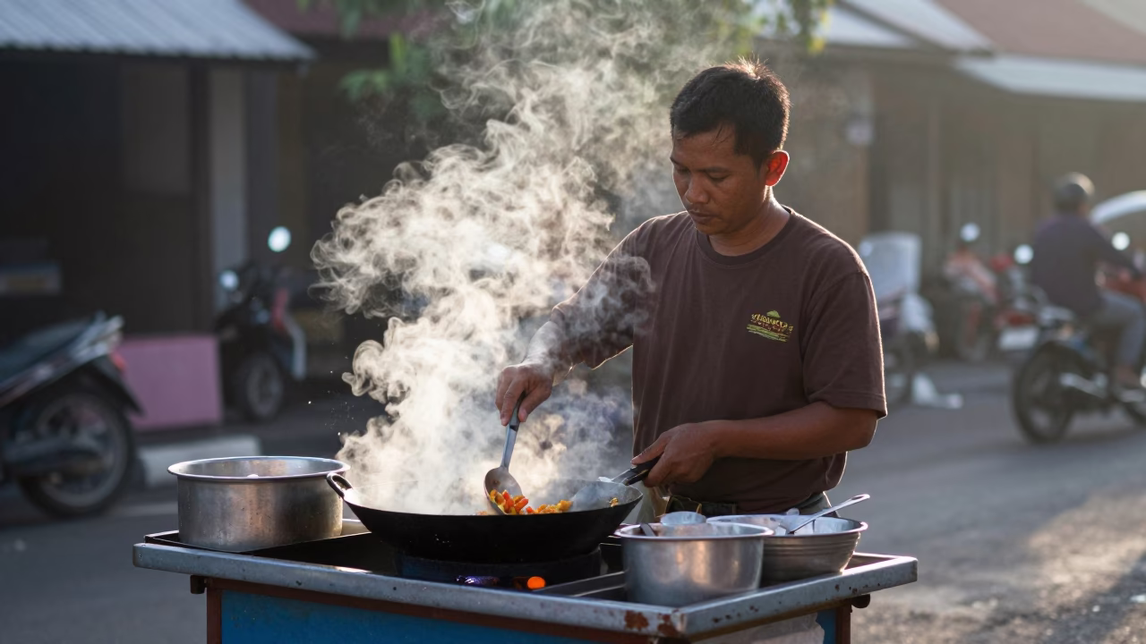 Early Morning Street Food Vendor in Denpasar Indonesia Cooking with Skillet in in Denpasar, Indonesia