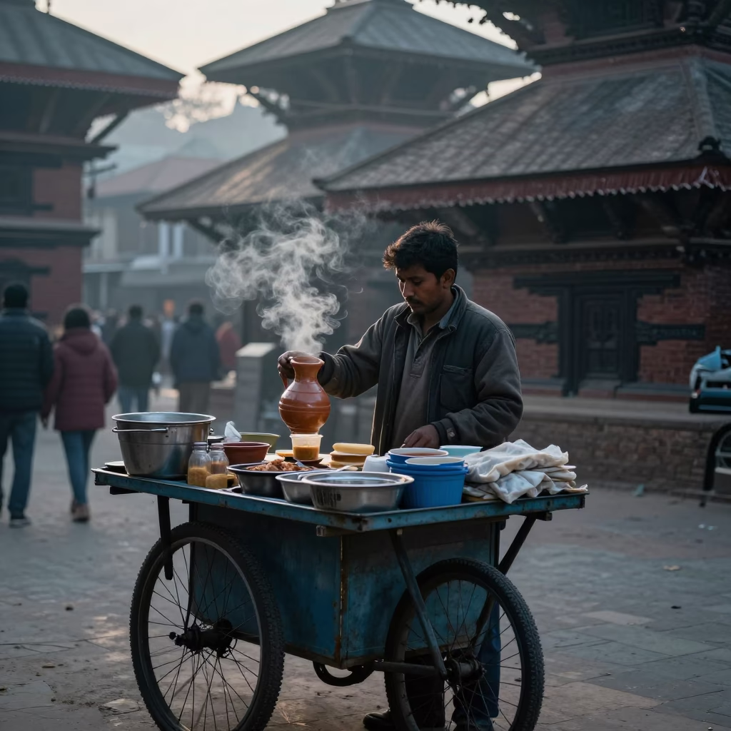 Early Morning Street Food Vendor in Kathmandu Nepal with Ceramic Pitcher and Storage Tins in in Kathmandu, Nepal