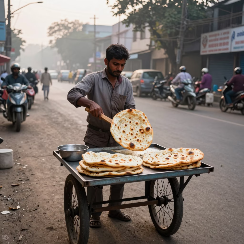 Early Morning Street Food Vendor in Kolkata India Serving Hot Naan with Garlic Butter in in Kolkata, India