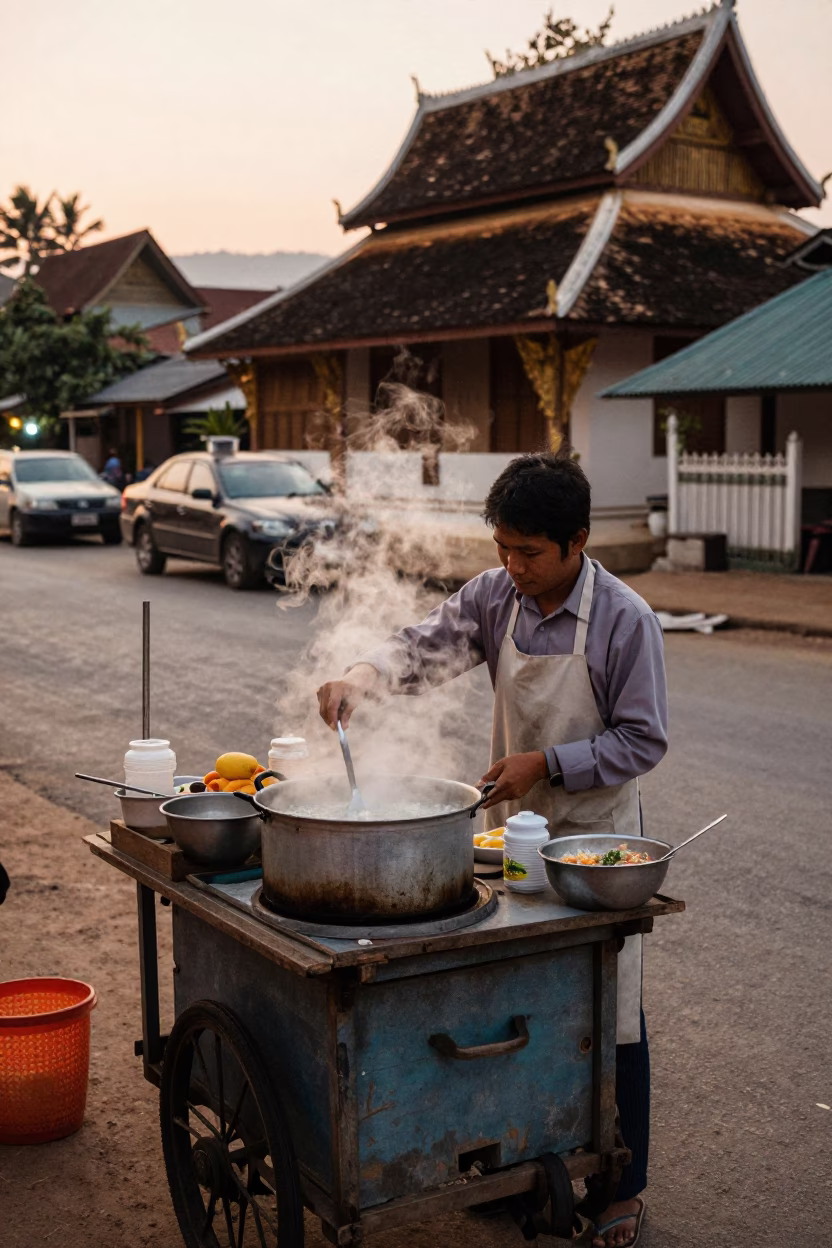Early morning street food vendor in Luang Prabang Laos serving hot breakfast before dawn in in Luang Prabang, Laos