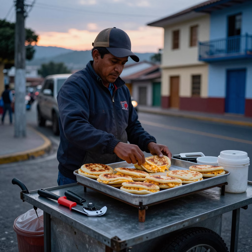 Early Morning Street Food Vendor in Medellin Colombia Selling Cheese Arepas Before Dawn in in Medellin, Colombia