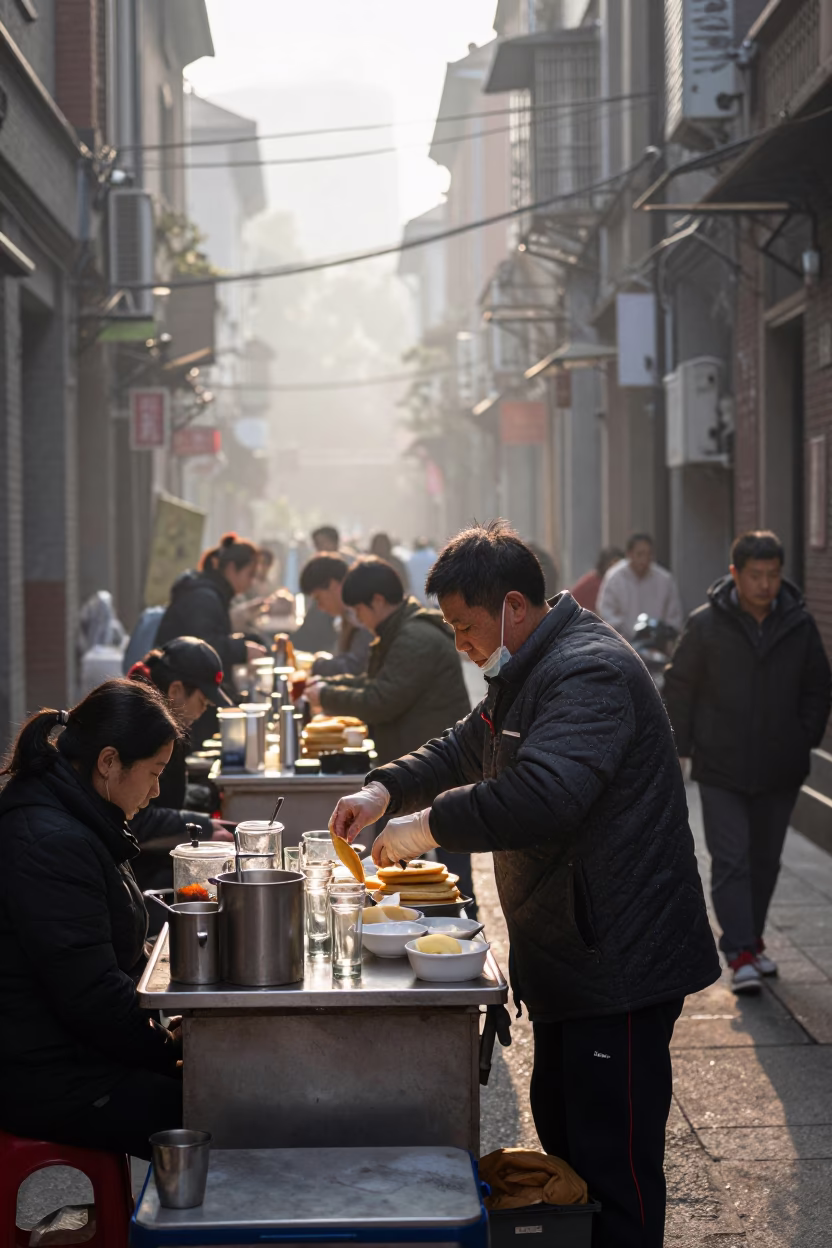 Early Morning Street Food Vendor in Shanghai China with Glassware and Utensils in in Shanghai, China