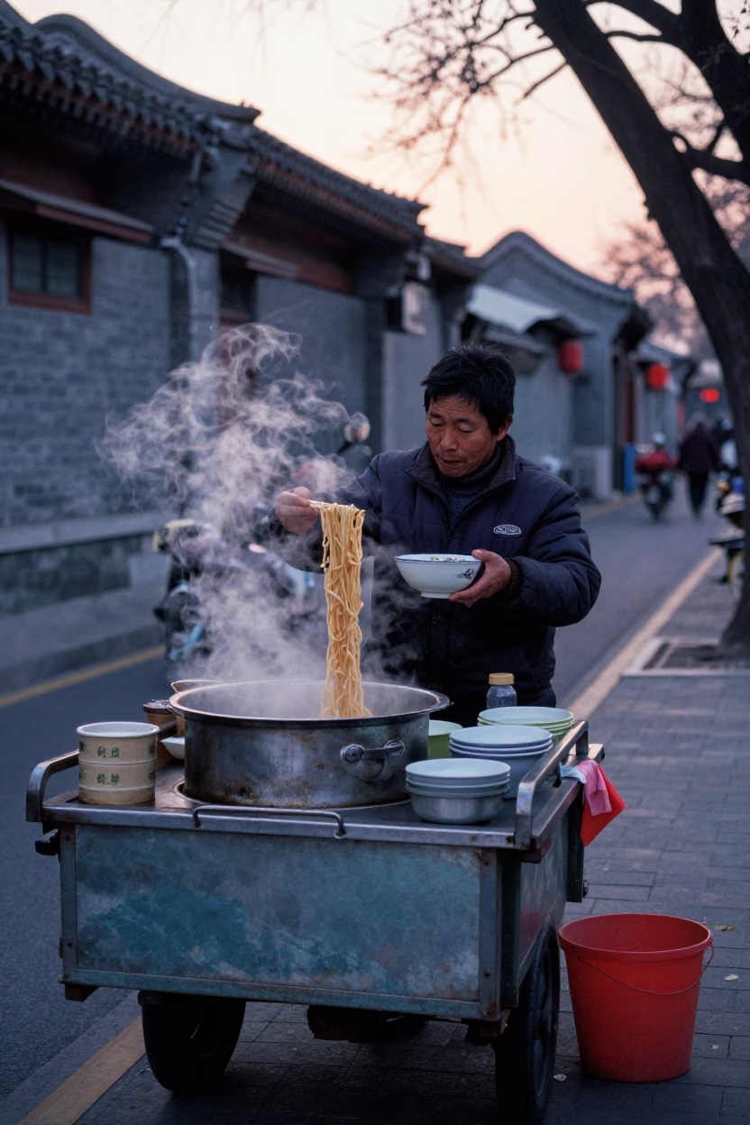 Early morning street food vendor preparing breakfast in Beijing China before dawn in in Beijing, China