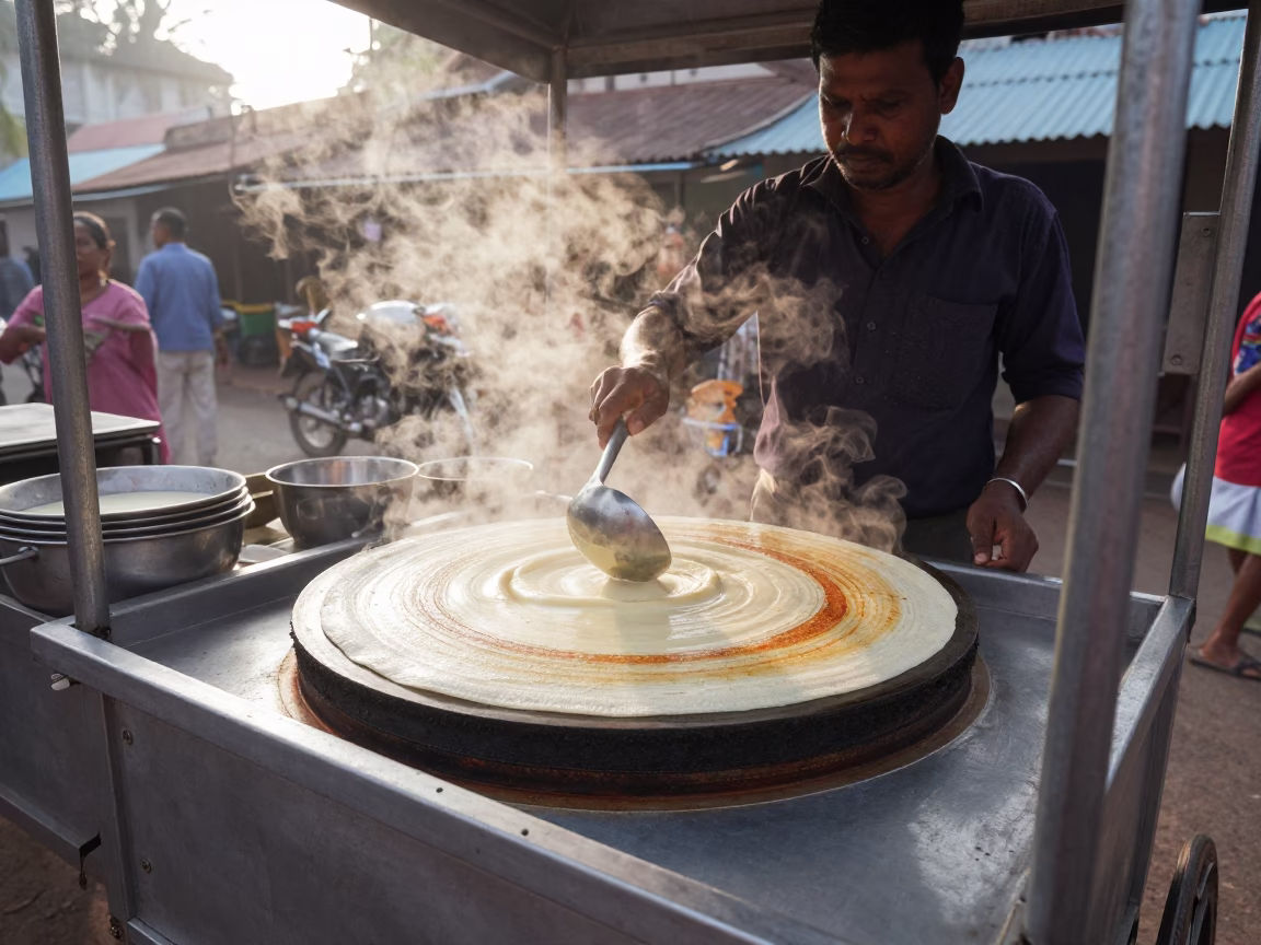 Early morning street food vendor preparing fresh dosa batter in Kochi India in in Kochi, India